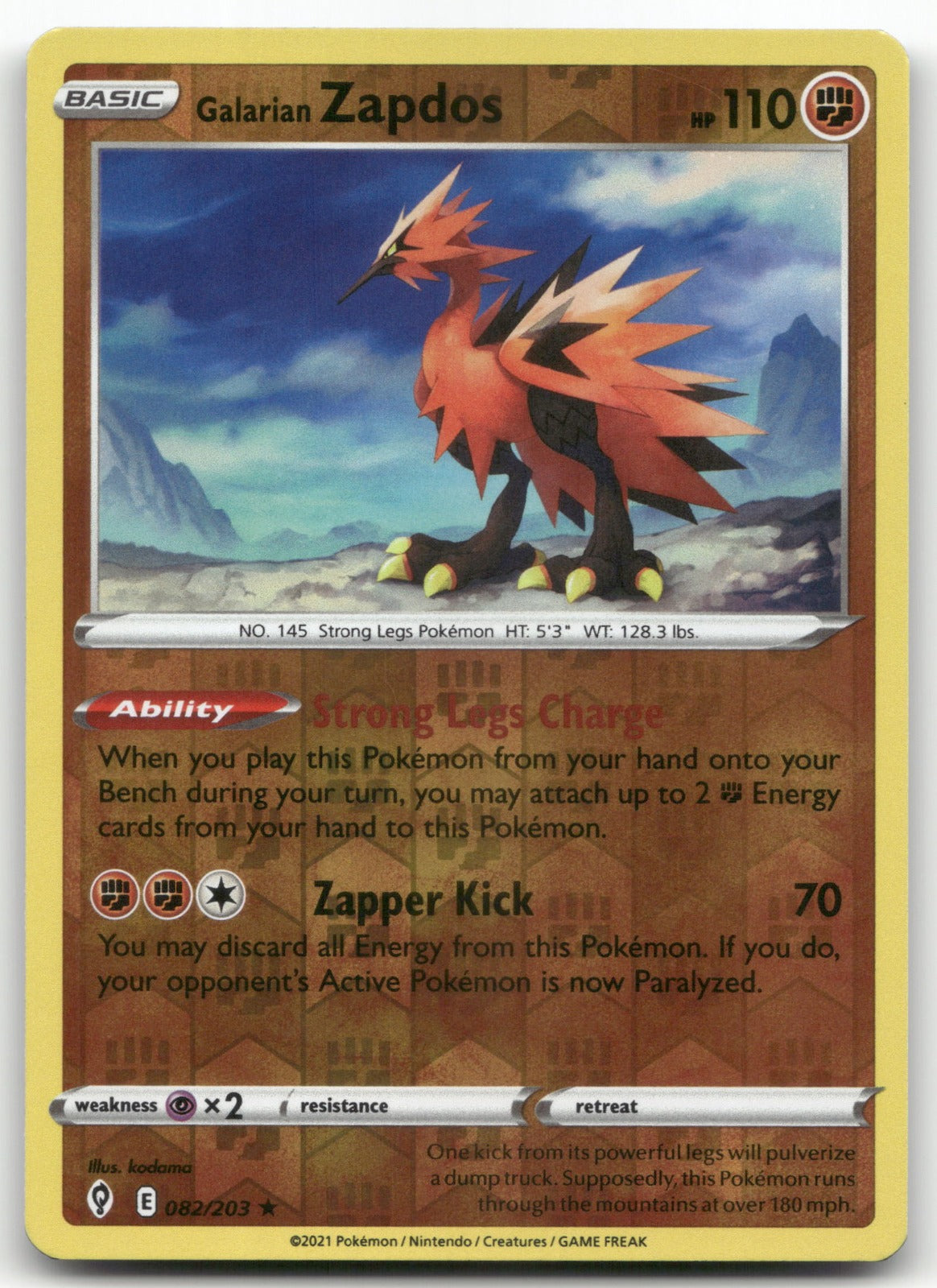 Galarian Zapdos Holo Rare SWSH07: Evolving Skies 082/203 NM