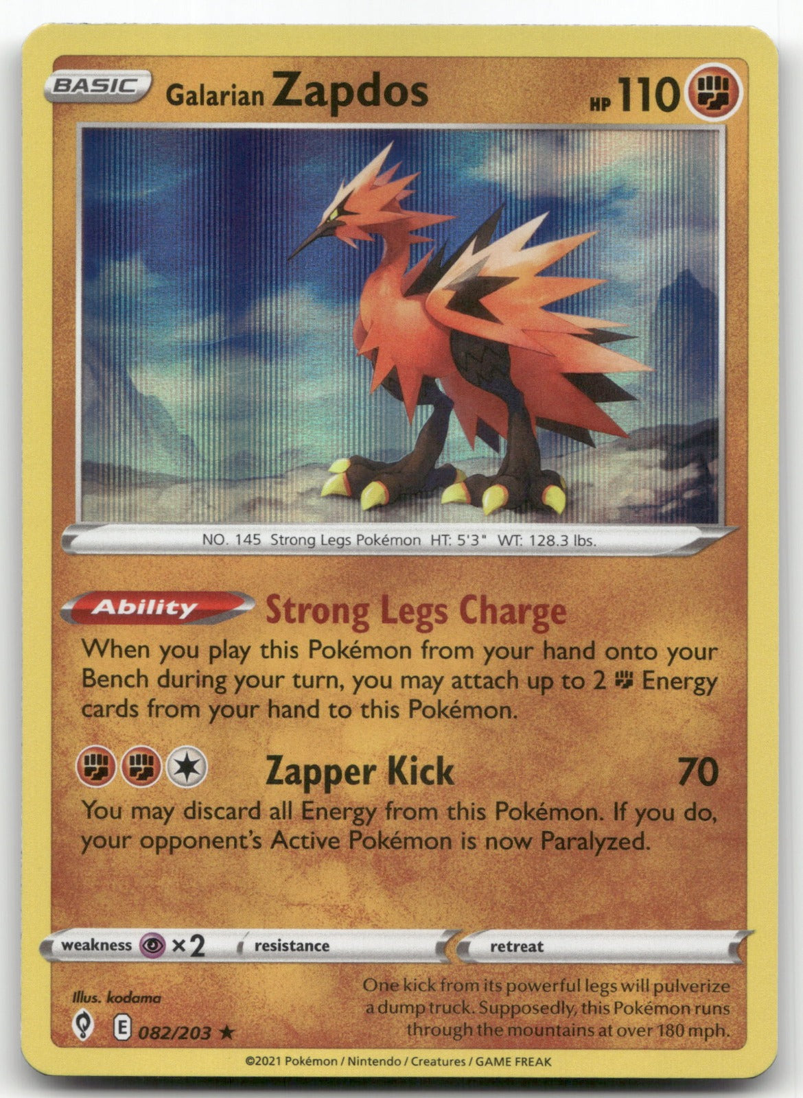 Galarian Zapdos Holo Rare SWSH07: Evolving Skies 082/203 NM